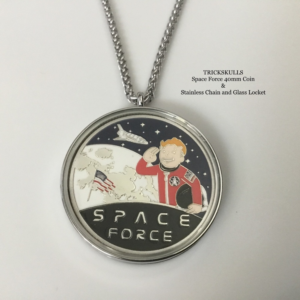 Space Force Enamel Coin in Stainless and Glass Locket & Custom Wheat Link Chain